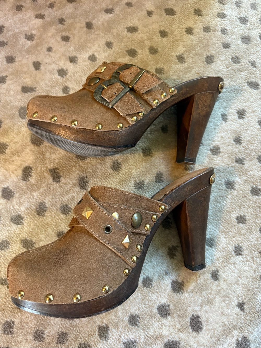Russell & Bromley brown suede studded clogs with a wooden platform heel size 6